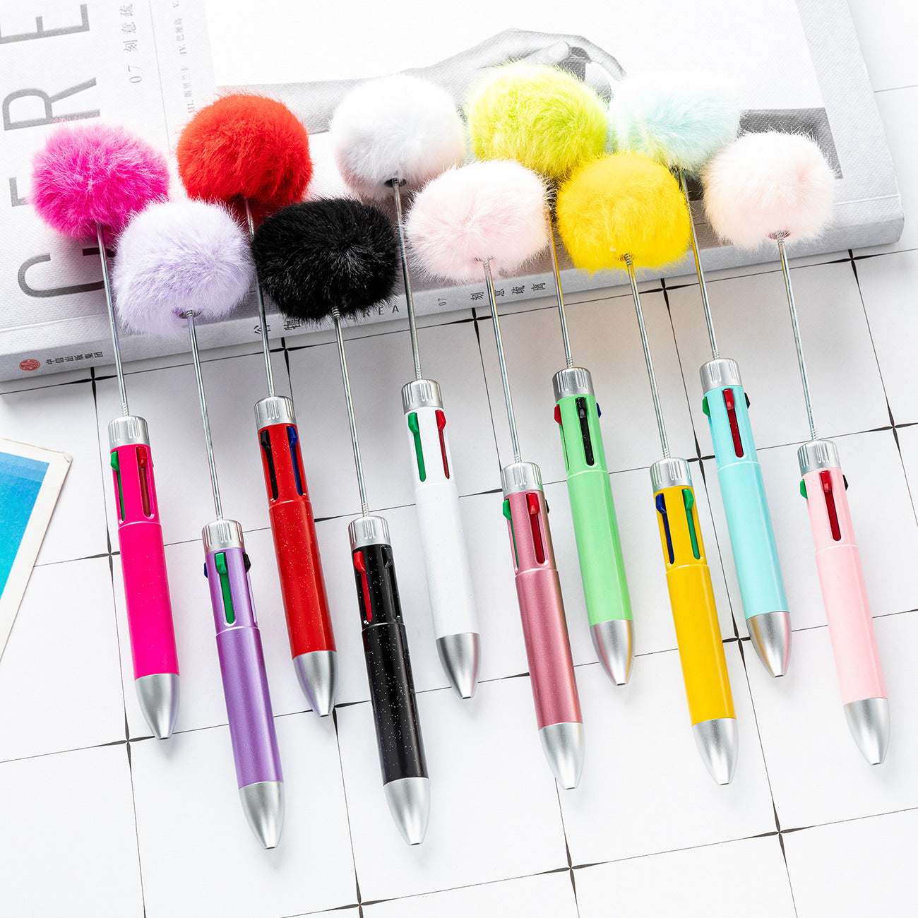 4 In 1 Cartoon Fur Ball Plastic Beadable Ballpoint Pens DIY Craft Supplies