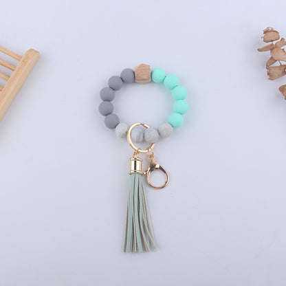 Leopard Print Silicone Bead Wristlet Keychain PU Tassel Charm 12