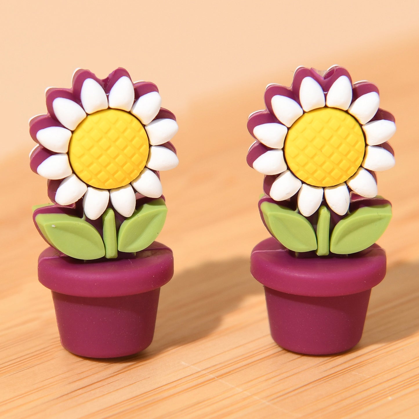 20pcs Silicone Focal Beads Flower Pot Sunflower Yellow White Flower Design 12