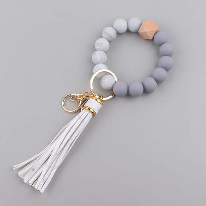Leather PU Tassel Silicone Bead Wristlet Keychain 17