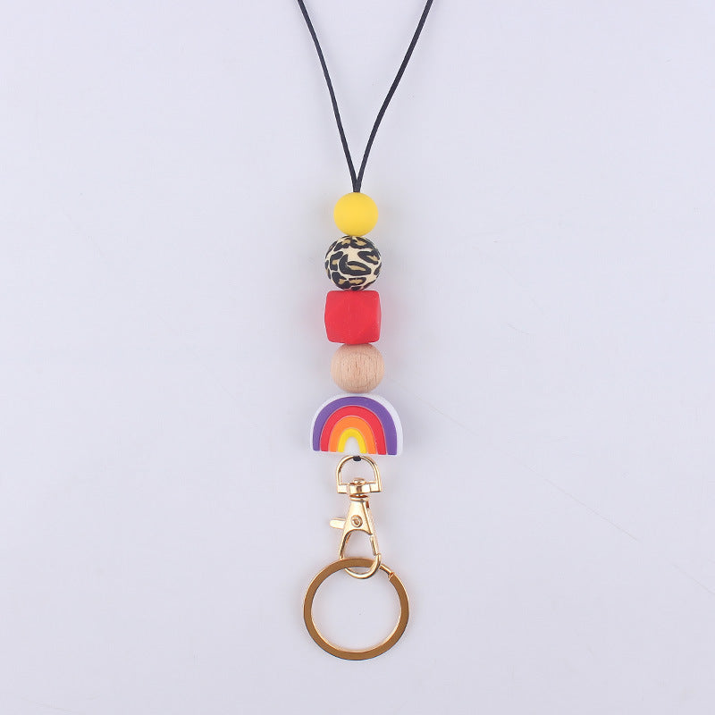 Rainbow Silicone Bead Keychain with Wooden Bead Charm 12