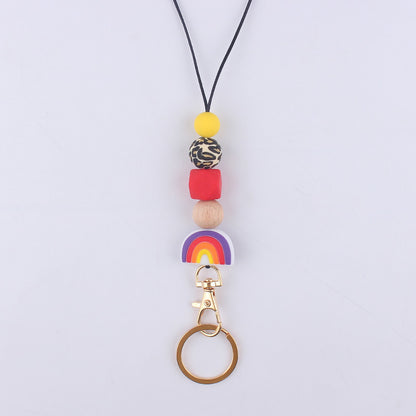 Rainbow Silicone Bead Keychain with Wooden Bead Charm 12