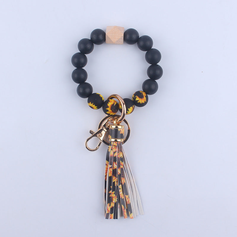 PU Leather Tassel Silicone Bead Wristlet Keychain Leopard Print 8