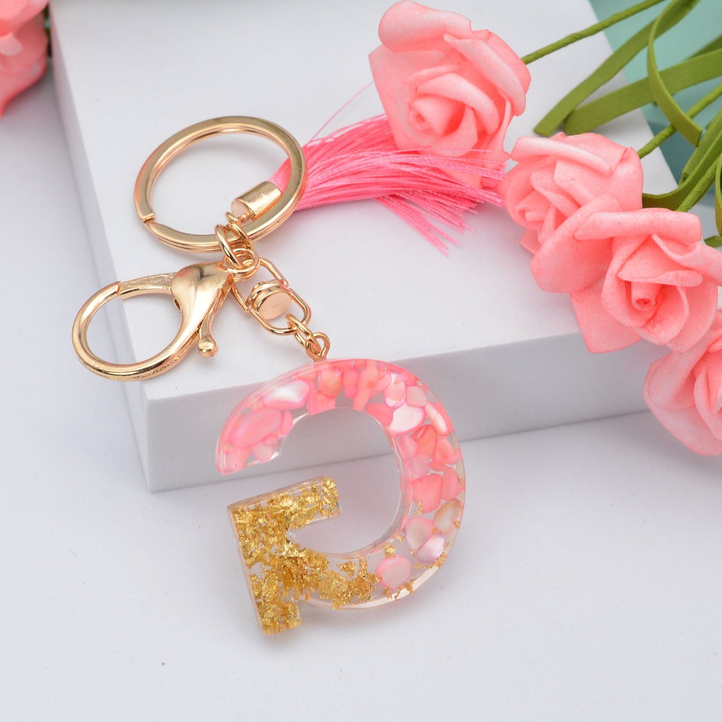 Resin Pink Tassel Letter Keychain A to Z Initial Charm 33