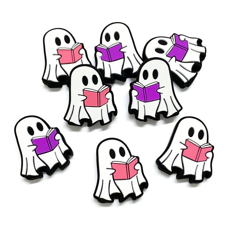 20pcs Silicone Focal Beads Halloween White Ghost Reading Book 2