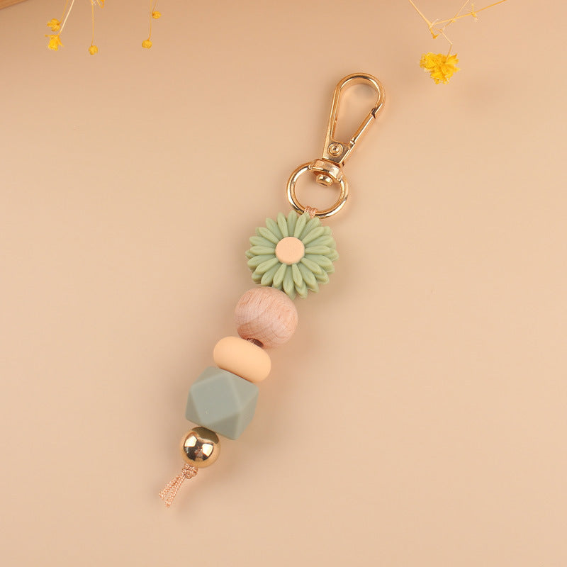 Daisy Silicone Bead Keychain with Wooden Round Bead Charm 12