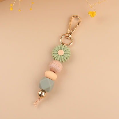Daisy Silicone Bead Keychain with Wooden Round Bead Charm 12