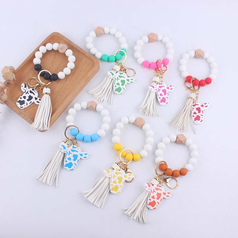 Western Cow Silicone Bead Wristlet Keychain PU Leather Tassel