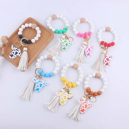 Western Cow Silicone Bead Wristlet Keychain PU Leather Tassel