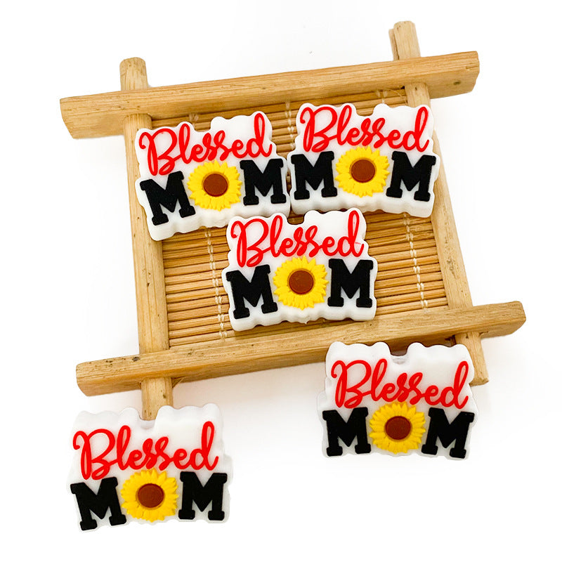 20pcs Silicone Focal Beads Blessed Mom Sunflower Design 3