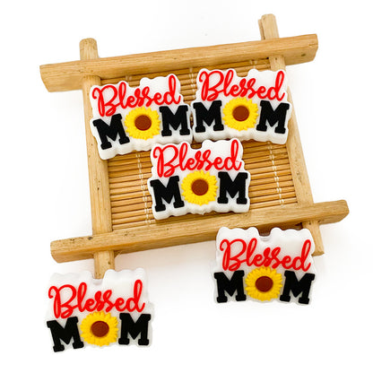 20pcs Silicone Focal Beads Blessed Mom Sunflower Design 3