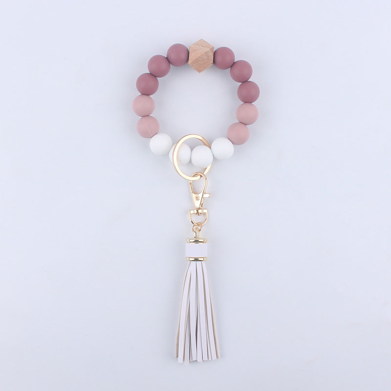 Tassel Silicone Bead Wristlet Keychain with Wooden Bead Charm 8cm 9