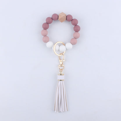 Tassel Silicone Bead Wristlet Keychain with Wooden Bead Charm 8cm 9