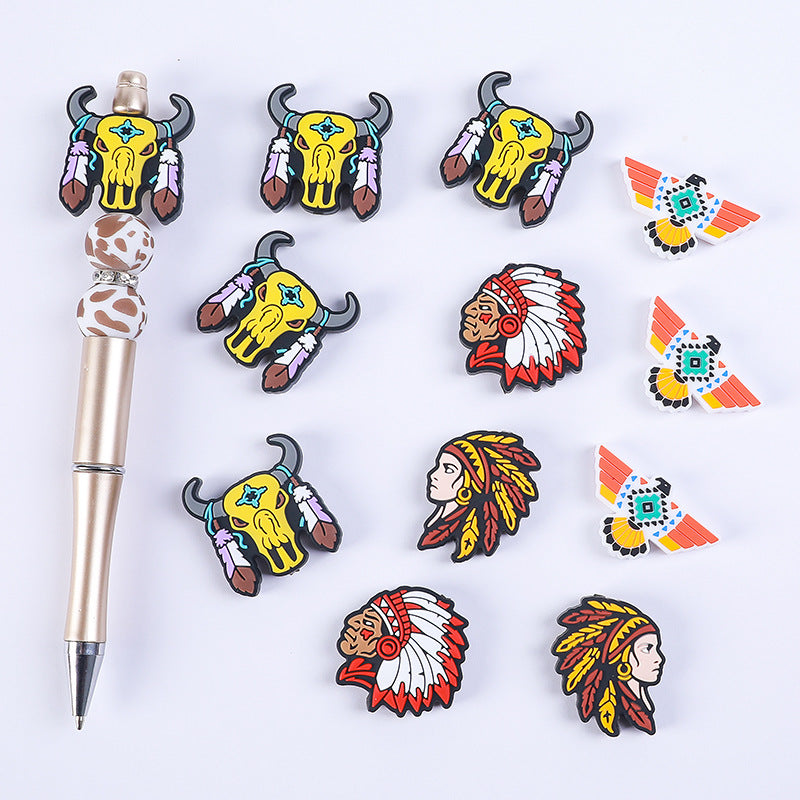 Silicone Focal Beads DIY Cow Skull Cartoon Figure Feathered Skull Design