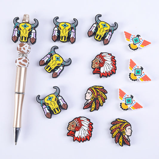 Silicone Focal Beads DIY Cow Skull Cartoon Figure Feathered Skull Design