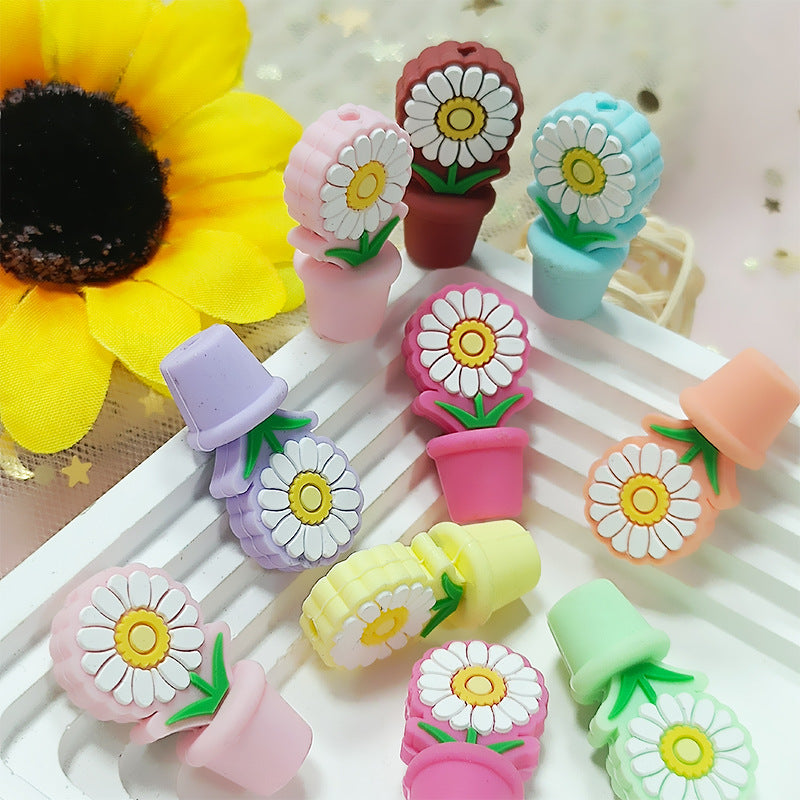 20Pcs 3D Silicone Focal Beads Potted Daisy With Flower Pot 4