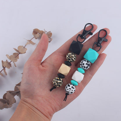 Leopard Print Silicone Bead Keychain with Geometric Beads Charm 3
