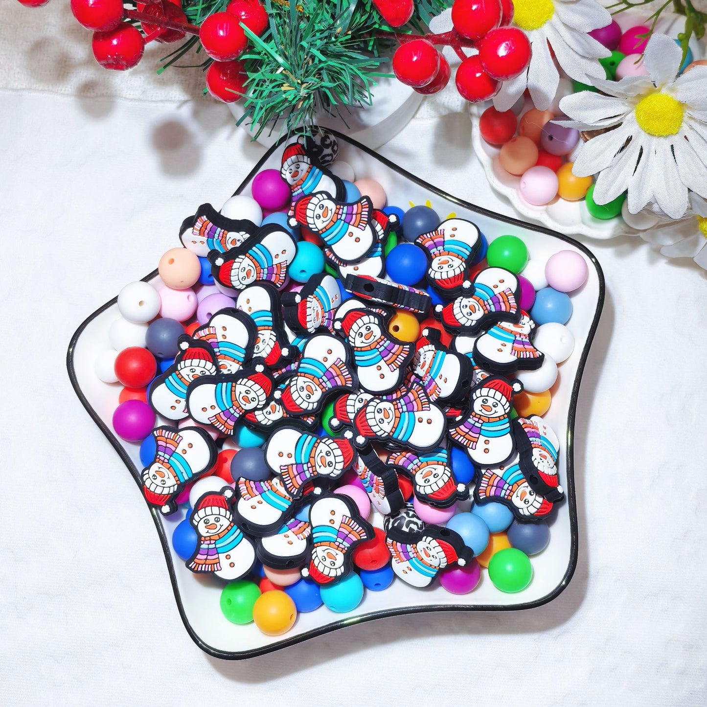 20Pcs Silicone Focal Beads Christmas Snowman Wearing Scarf 3