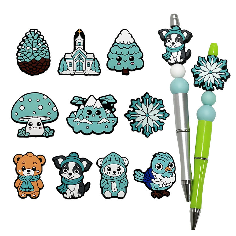 Silicone Focal Beads Winter Blue Tree Pinecone Animal Flower Design 5