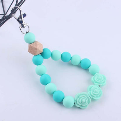 Rose Silicone Bead Wristlet Keychain with Wooden Accent Bead 12
