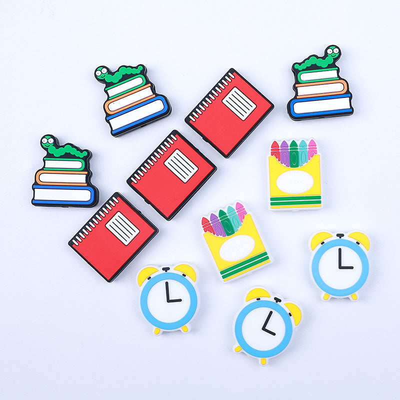 20pcs Silicone Focal Beads Crayon Alarm Clock Bookworm with Layered Detail 4