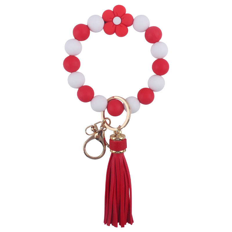 Flower Silicone Bead Wristlet Keychain with PU Leather Tassel 11