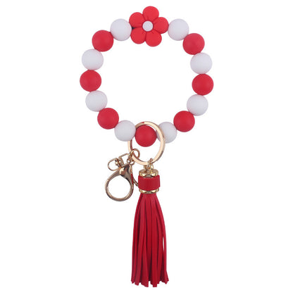 Flower Silicone Bead Wristlet Keychain with PU Leather Tassel 11