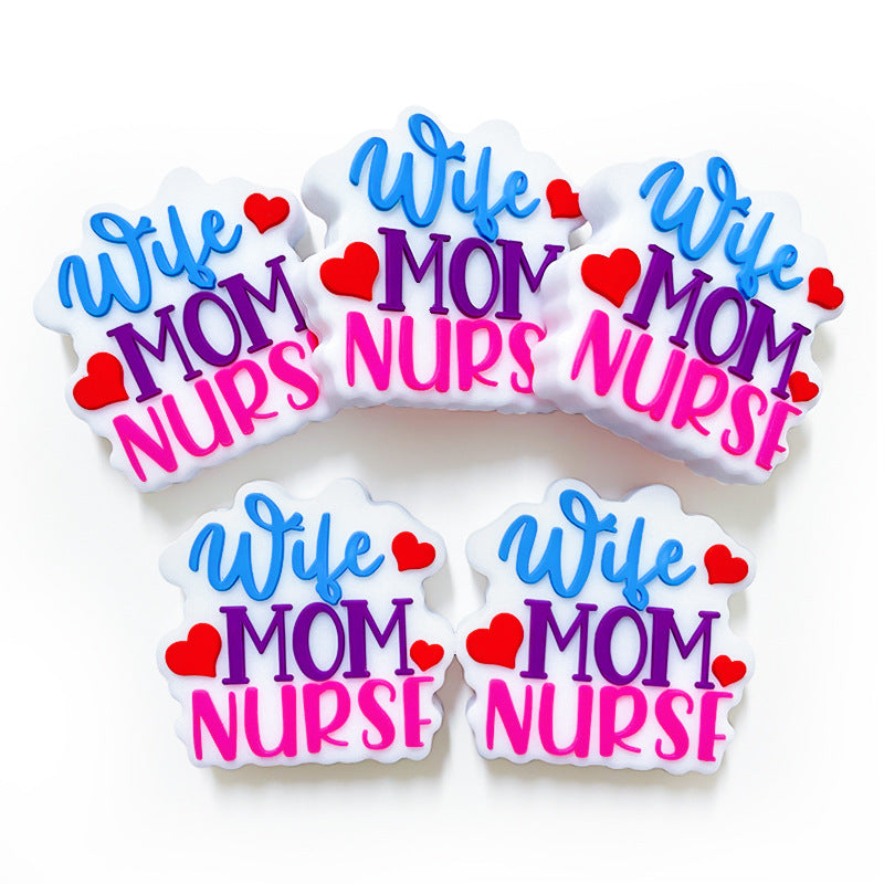 20pcs Silicone Focal Beads Nurse Mom Text with Heart Detail 3