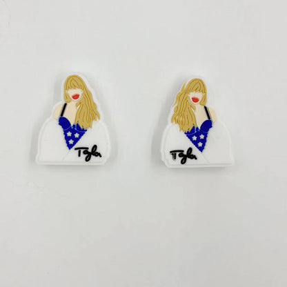 20pcs Silicone Focal Beads Female Musician with Guitar and Red Hat Design 8