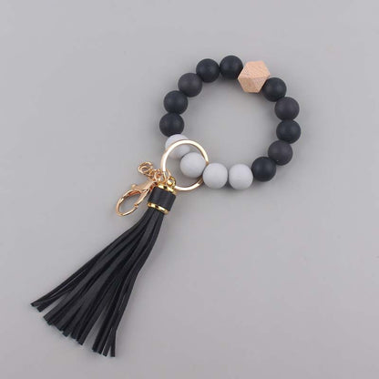 Leather PU Tassel Silicone Bead Wristlet Keychain 19