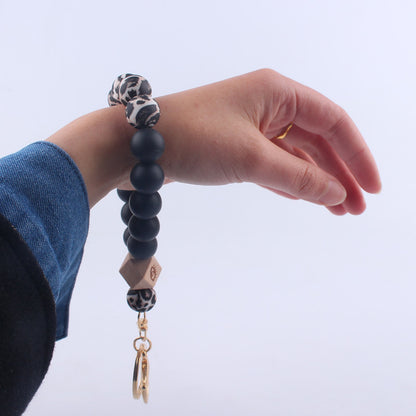 Octagonal Silicone Bead Wristlet Keychain with Wooden Accent 4