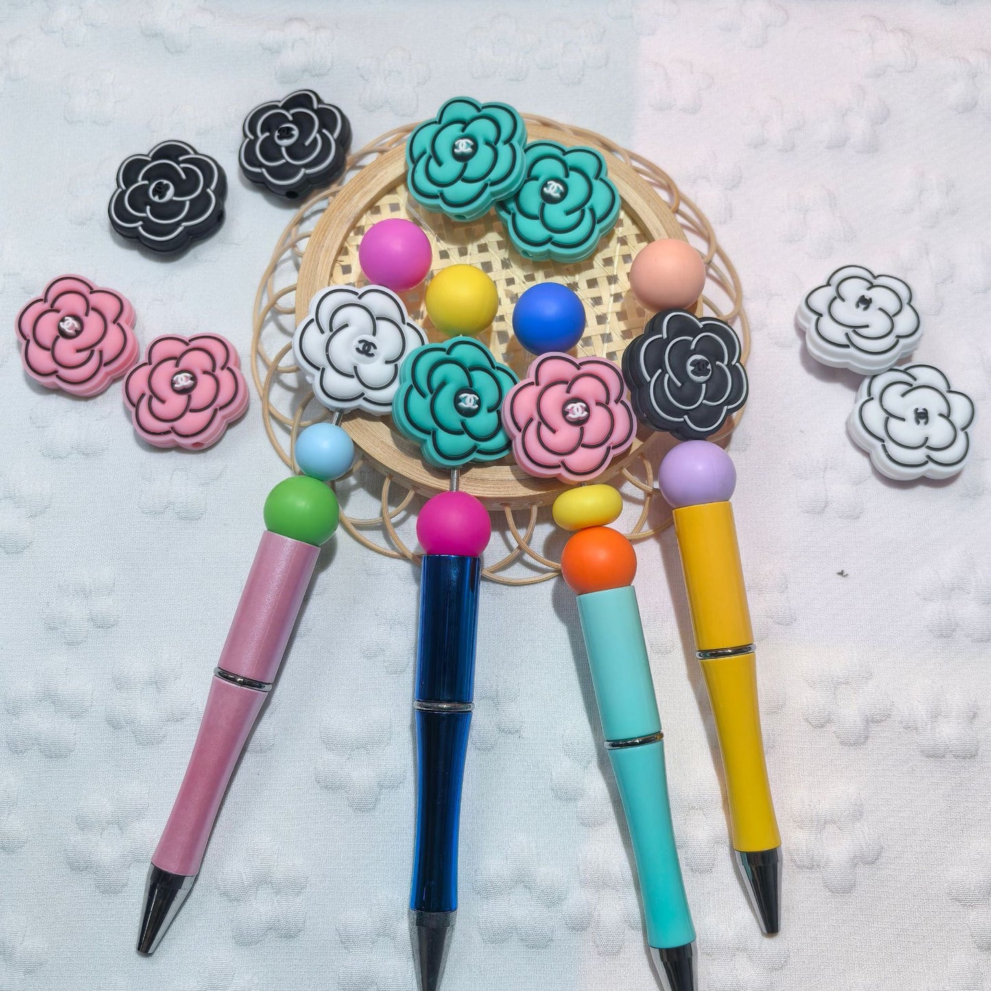 20pcs Silicone Focal Beads Peony Flower with Black Center Detail 3