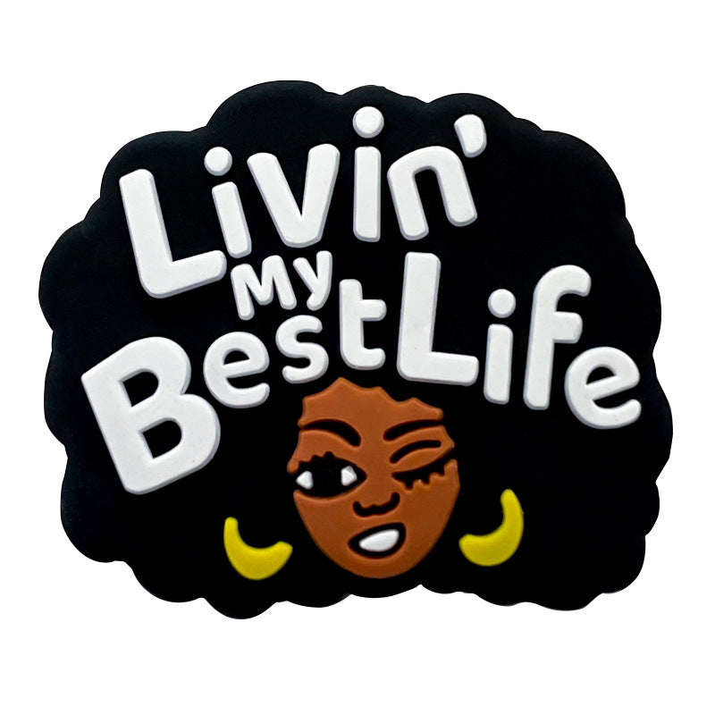 20pcs Silicone Focal Beads Black Girl Winking Face with White Text 5