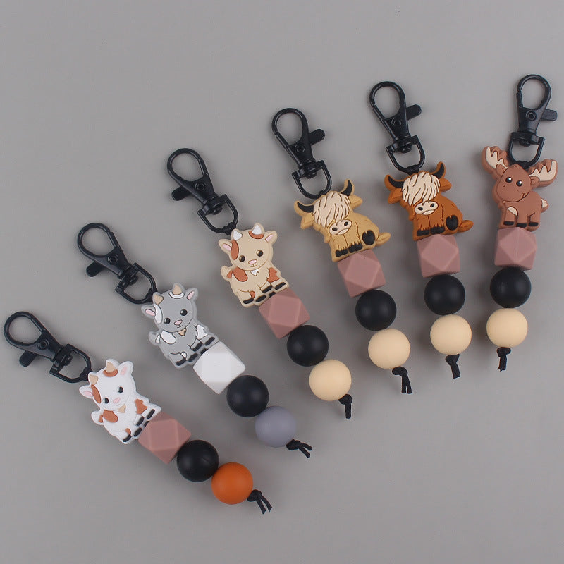 Cartoon Animal Cattle Silicone Bead Keychain with Beaded Charm