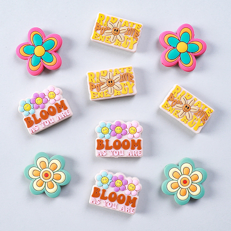 Silicone Focal Beads Flower Children Smiling Face with Rose Red Flower