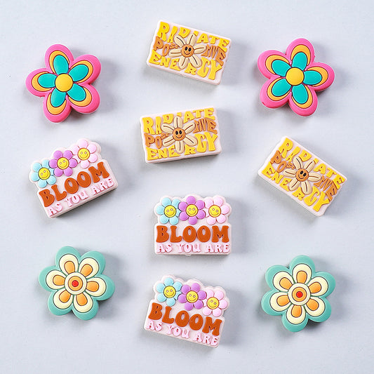 Silicone Focal Beads Flower Children Smiling Face with Rose Red Flower