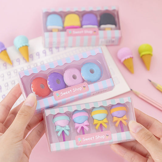 Candy Dessert Lollipop Eraser Set 4 Pack for Kids and Students