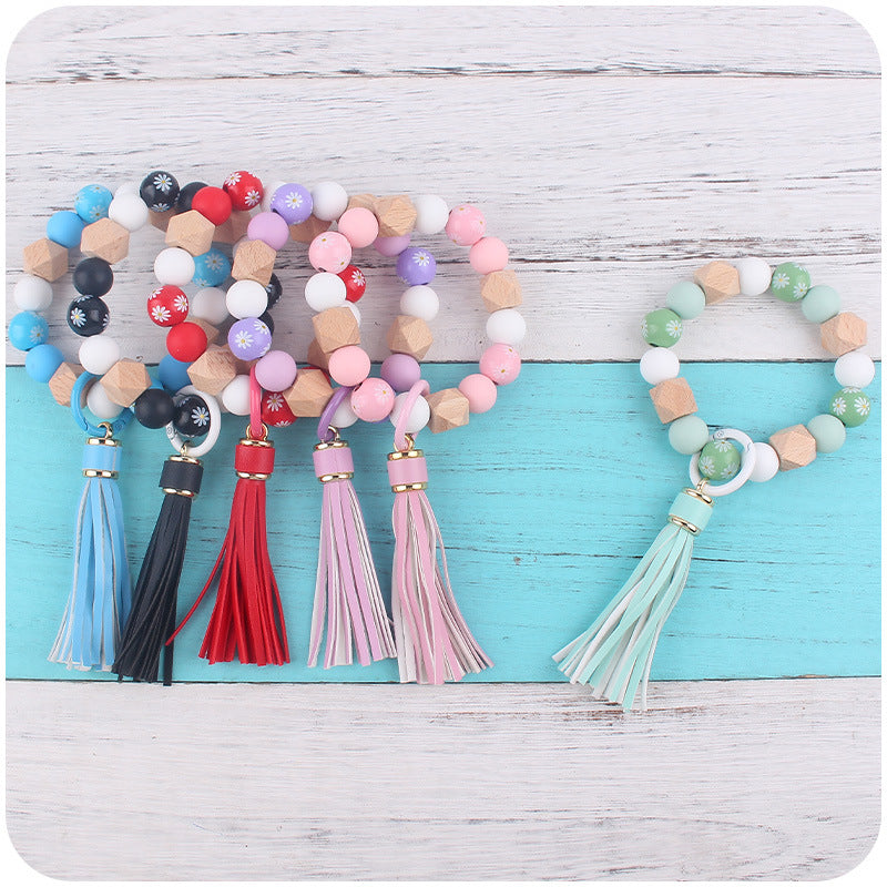 Daisy Silicone Bead Wristlet Keychain Tassel Charm 2