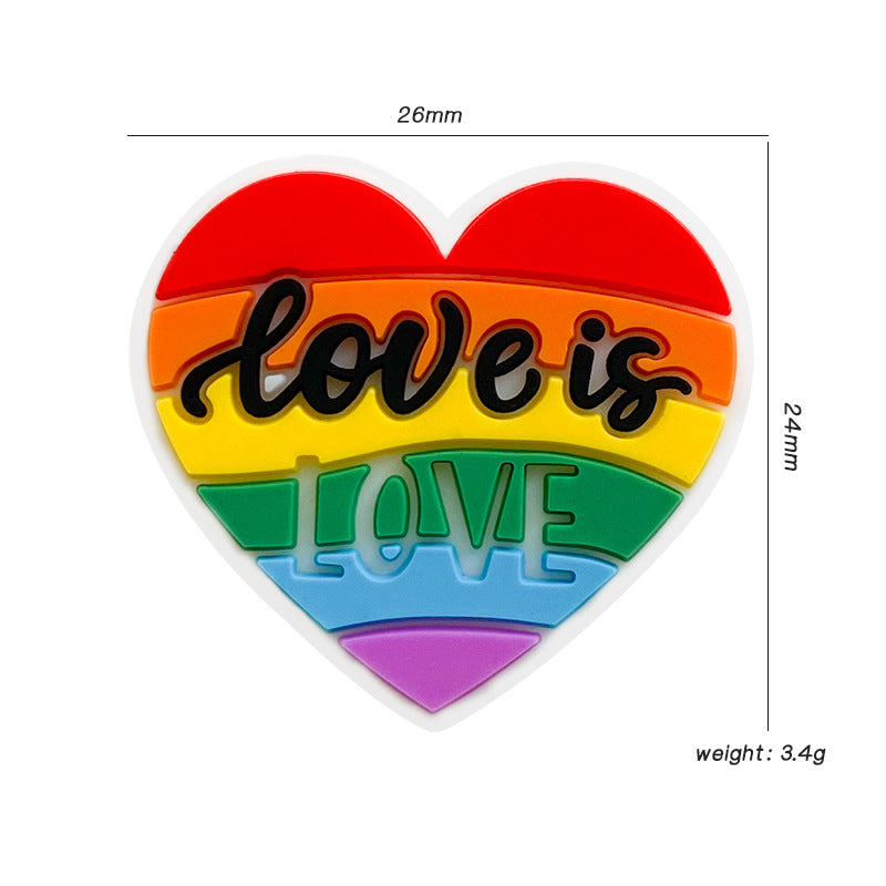 20pcs Silicone Focal Beads Rainbow Heart Love Is Text Design 2