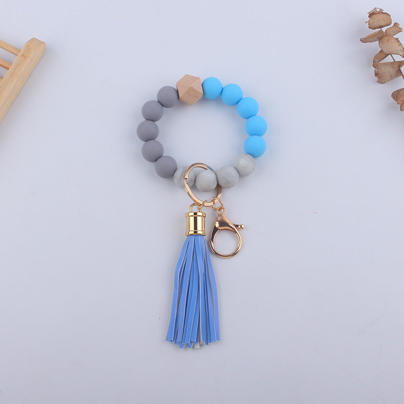 Leopard Print Silicone Bead Wristlet Keychain PU Tassel Charm 14