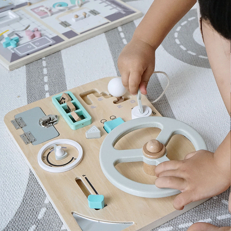 Wooden Montessori Busy Board Steering Wheel Educational Toy 2