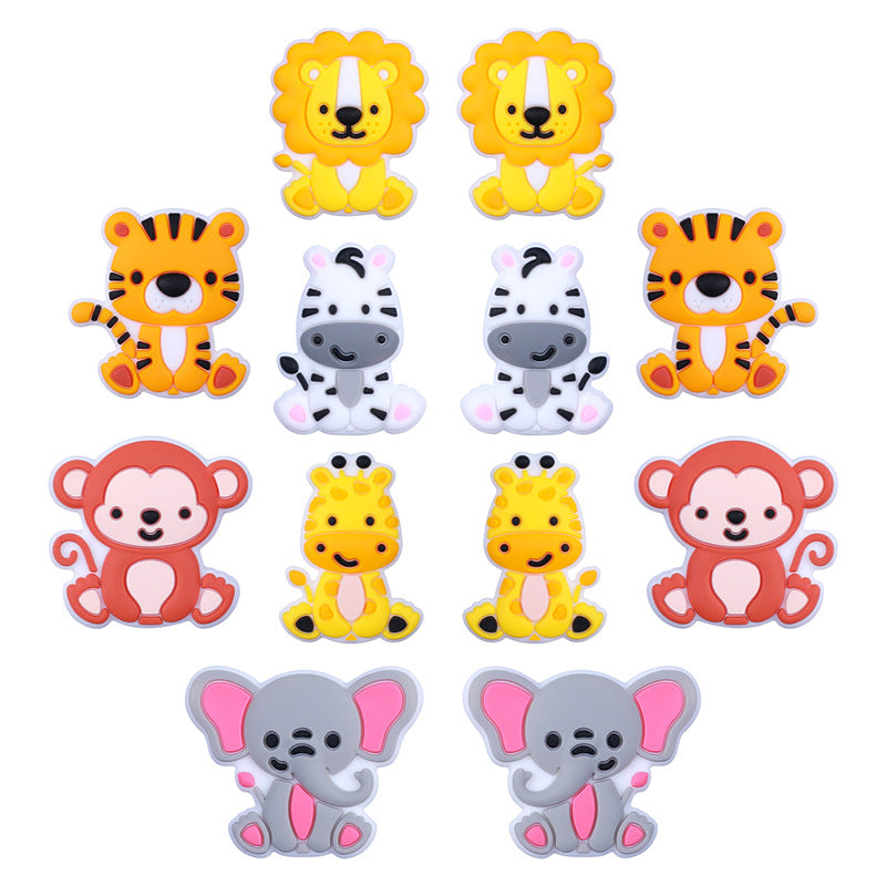 20pcs Silicone Focal Beads Animal Lion Tiger Elephant Monkey Zebra Giraffe Sitting Pose