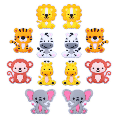 20pcs Silicone Focal Beads Animal Lion Tiger Elephant Monkey Zebra Giraffe Sitting Pose
