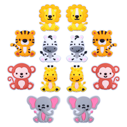 20pcs Silicone Focal Beads Animal Lion Tiger Elephant Monkey Zebra Giraffe Sitting Pose