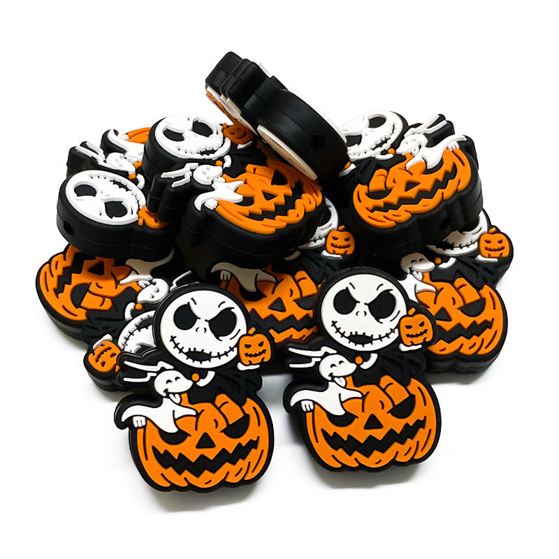 20Pcs Silicone Focal Beads Halloween Pumpkin Skull Holding Pumpkin 4