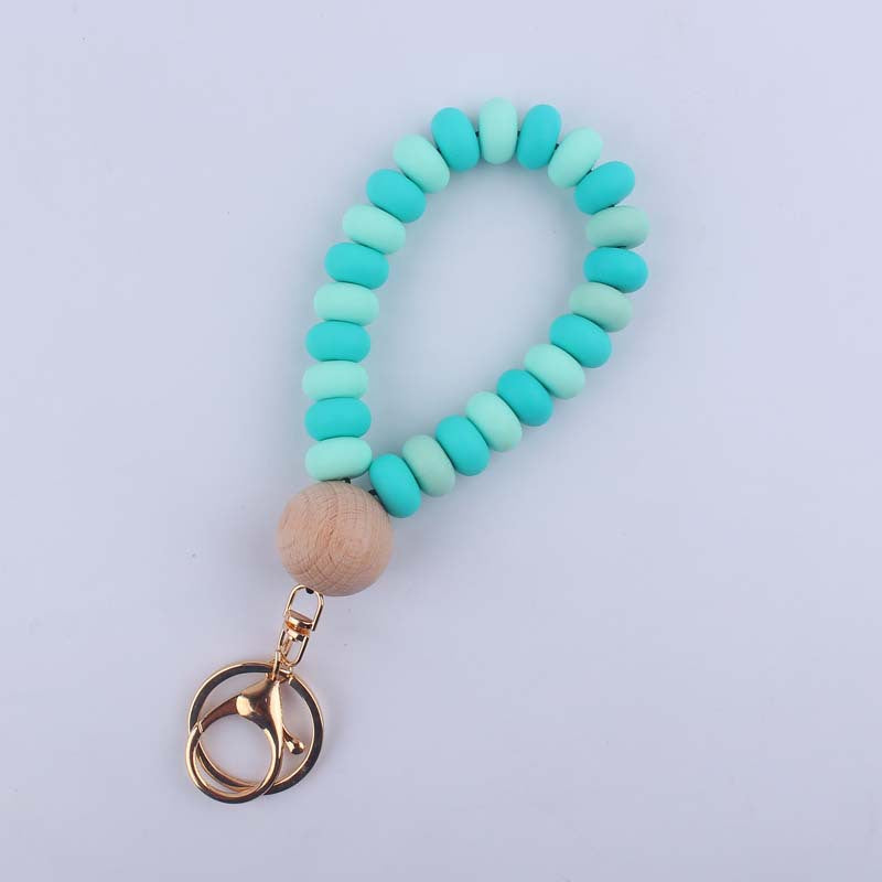 Flat Silicone Bead Wristlet Keychain with Wooden Accent 11