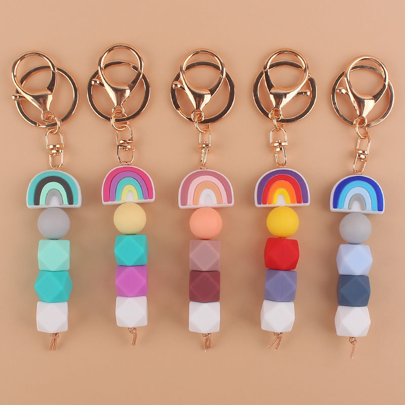 Rainbow Silicone Bead Keychain Geometric Charm 14cm 2
