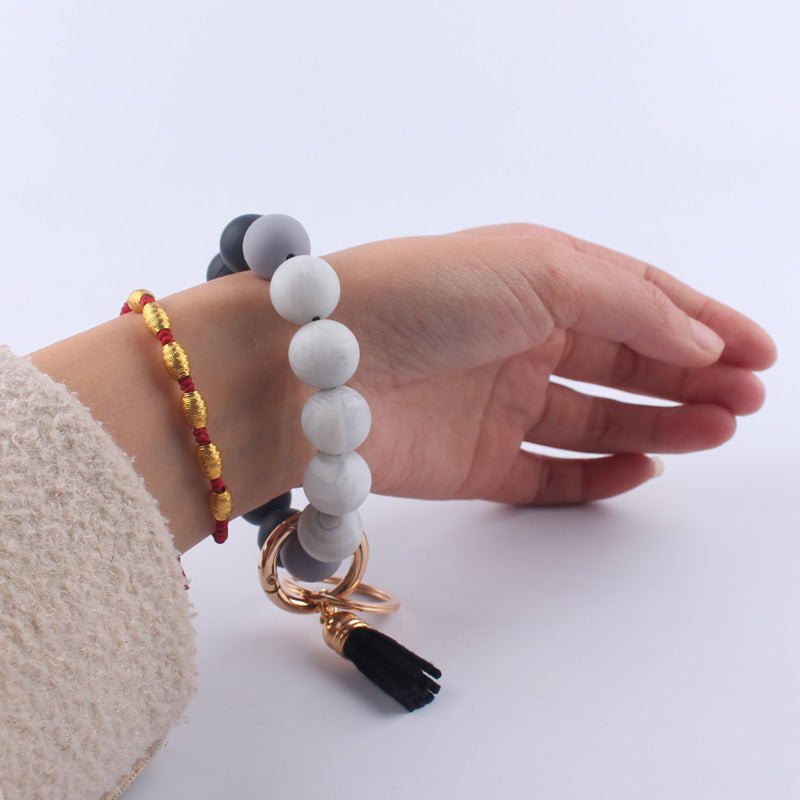 Leather PU Tassel Silicone Bead Wristlet Keychain Small Size 2