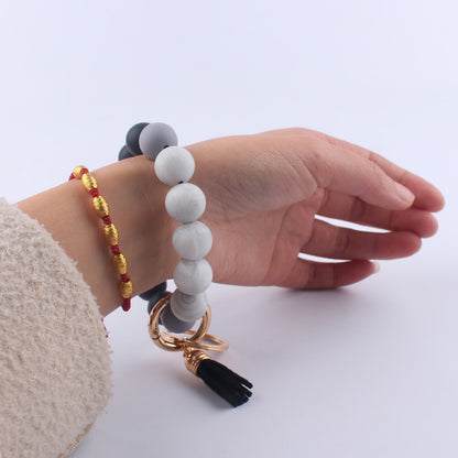 Leather PU Tassel Silicone Bead Wristlet Keychain Small Size 2