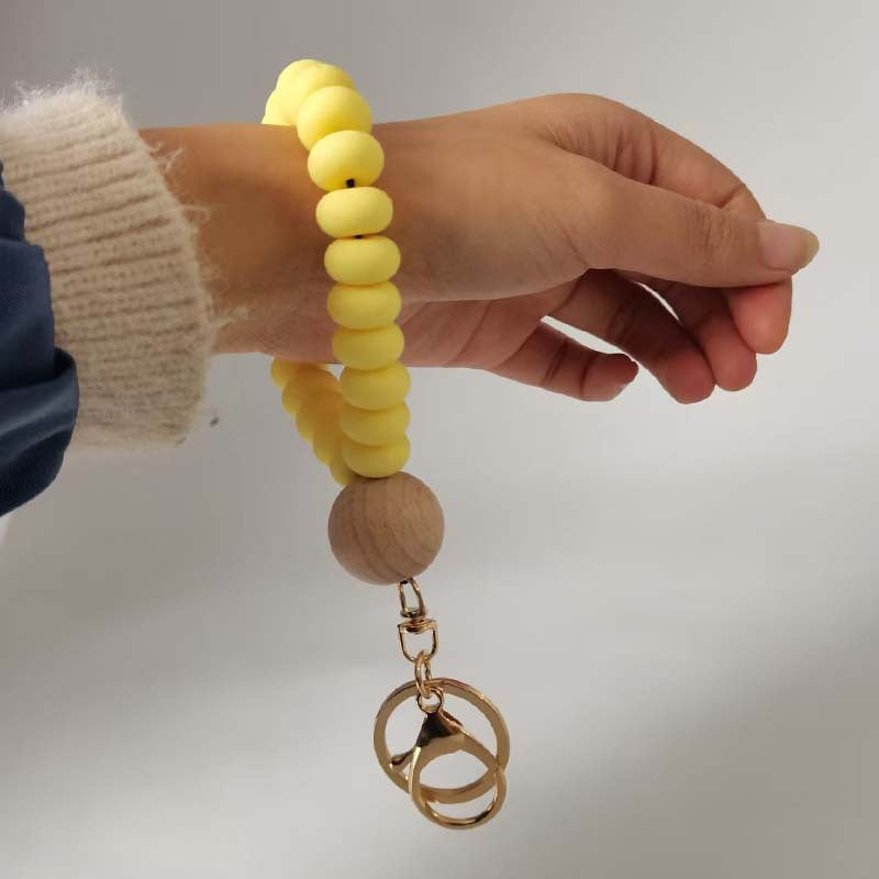 Flat Silicone Bead Wristlet Keychain with Wooden Accent 3